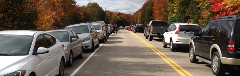 Road near Dorset Tower, lined with cars, busy, fall colours in background
